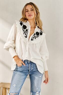 Free People Rose & Vines Embroidered Top White Black Floral Oversized Tunic M